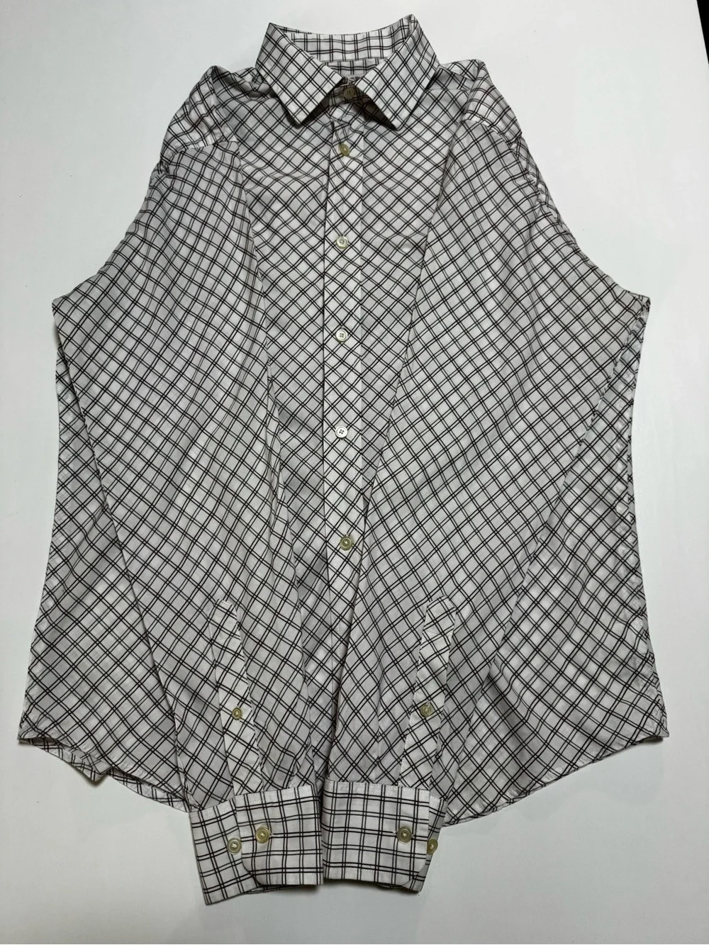 Banana Republic Cotton White Shirt with Black, burgundy Grid Plaid, M